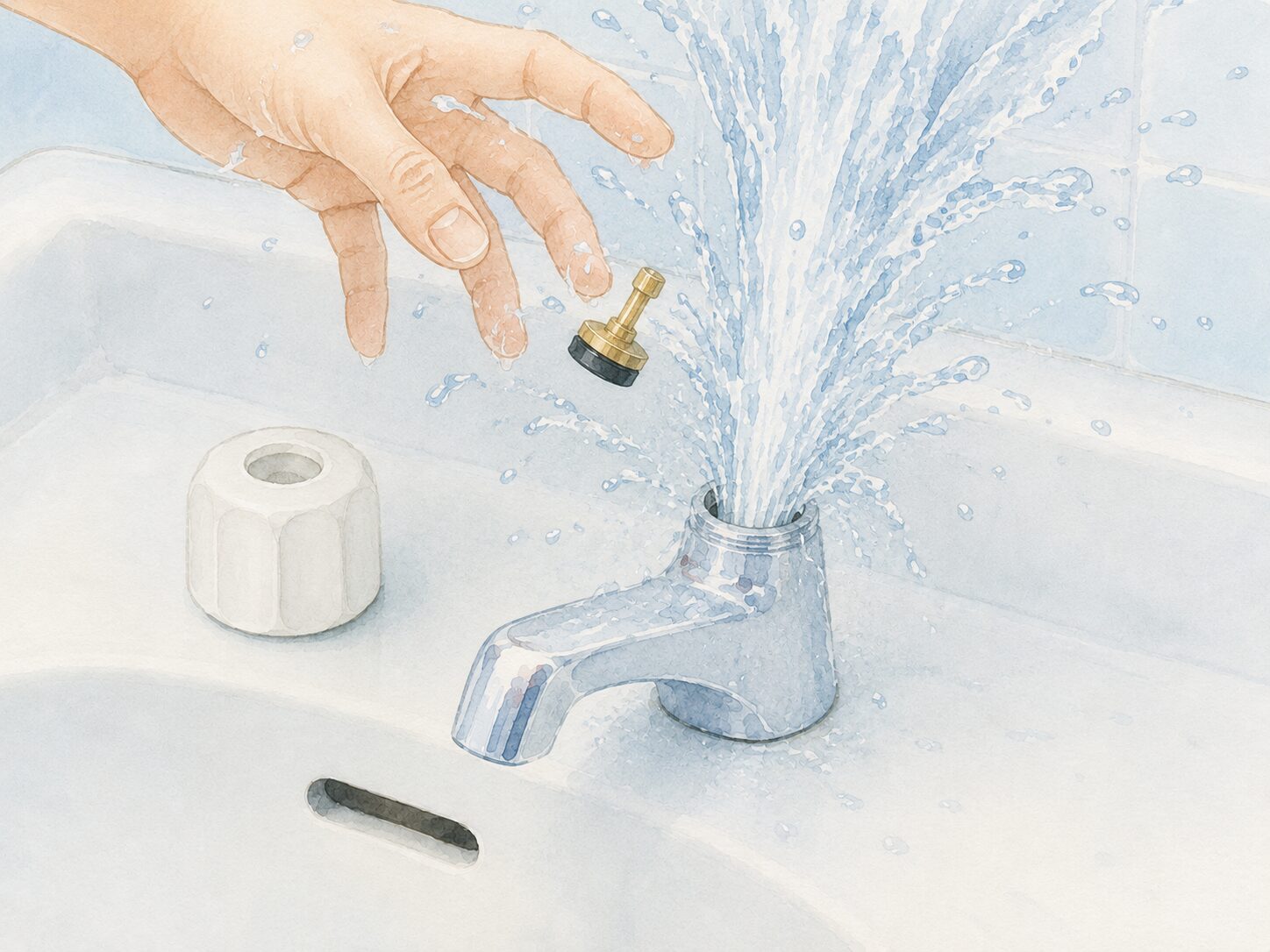 止水栓を閉めずに分解して水が噴き出している失敗例