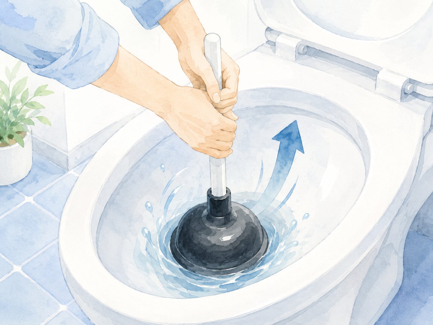 ラバーカップを便器の排水口に当てて使っている様子