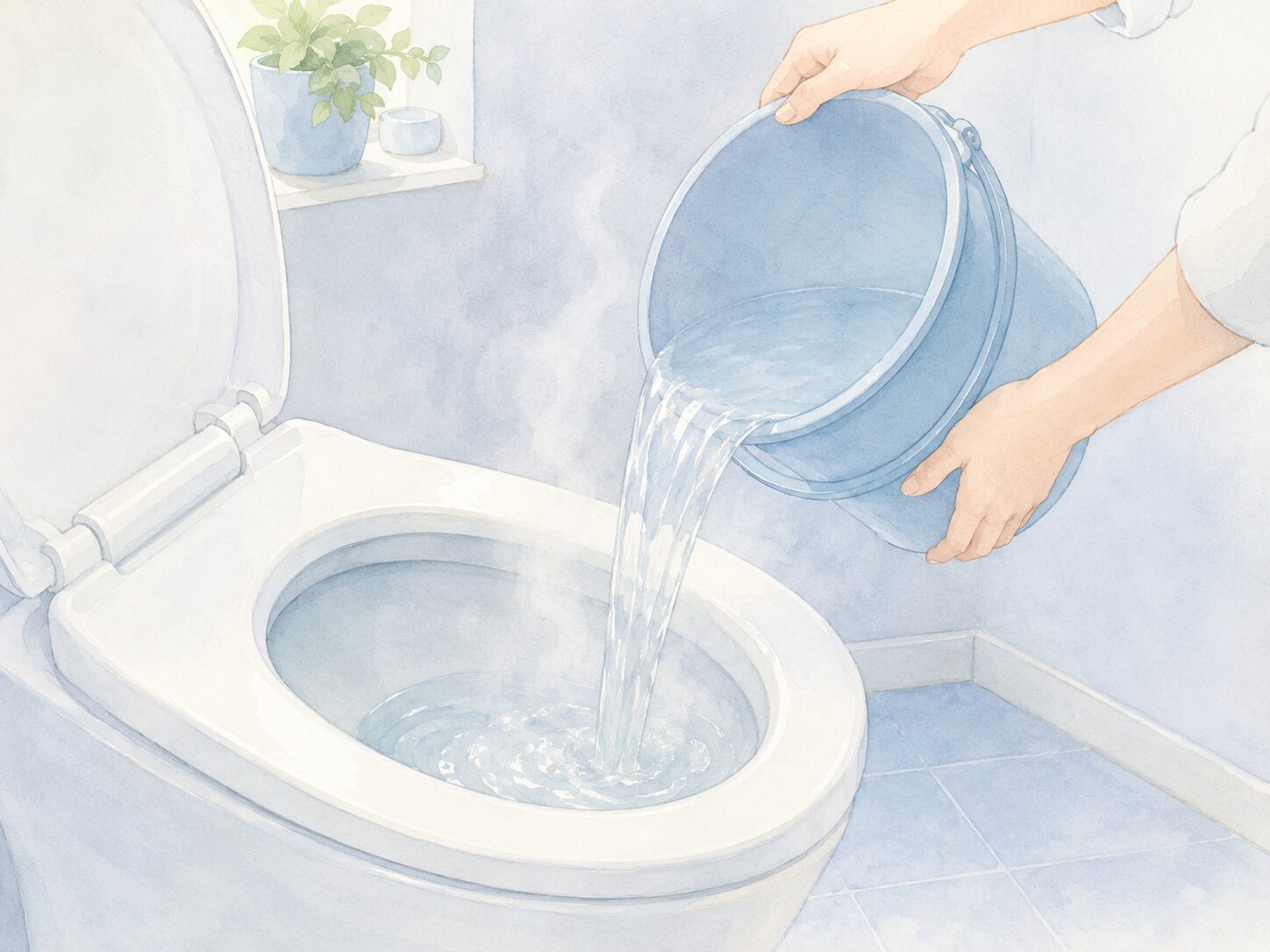バケツから便器にぬるま湯を注いでいる様子