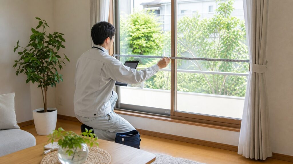 内窓リフォームの相談前に窓サイズを確認しているイメージ