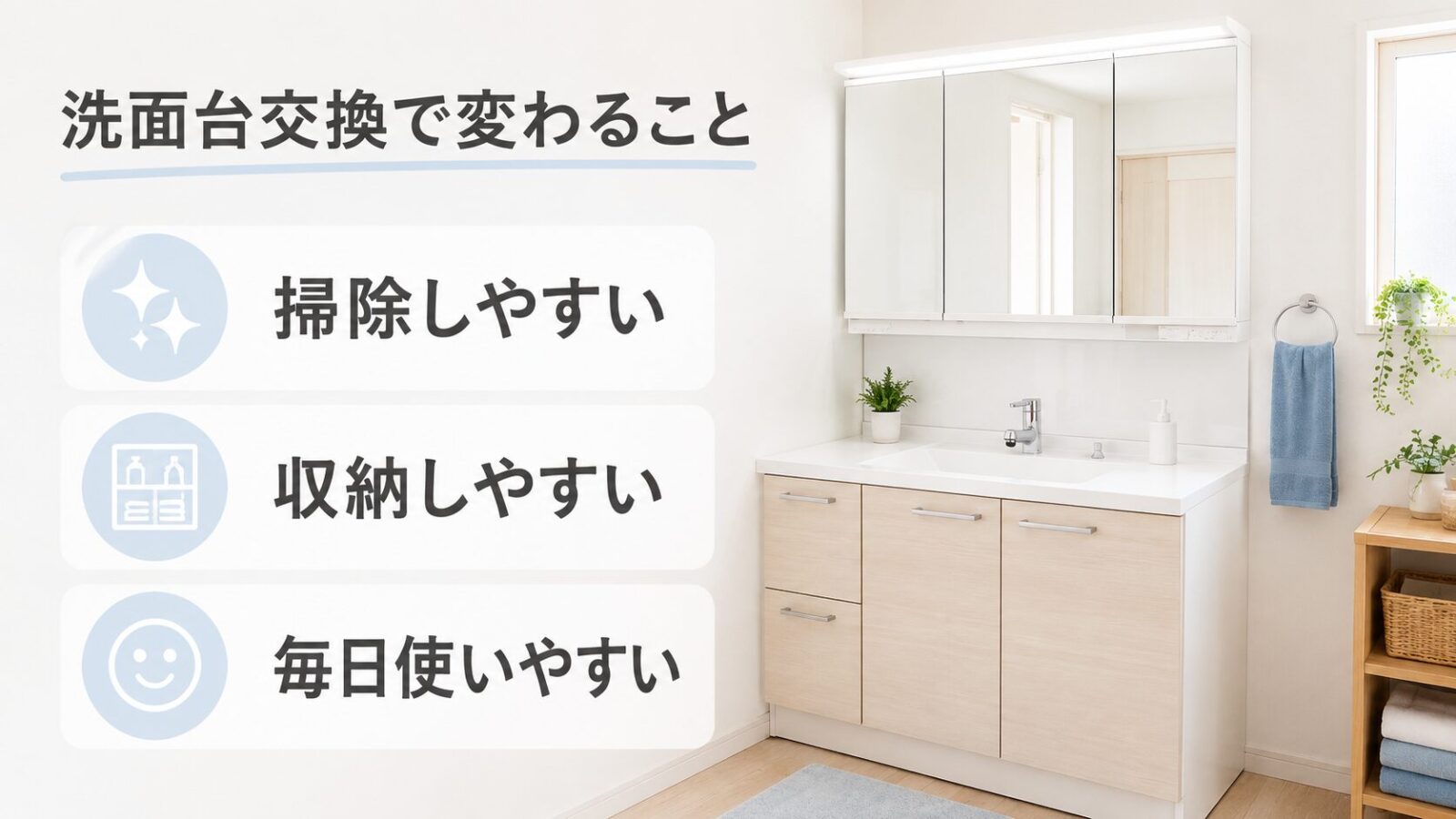 洗面台交換で掃除や収納や使いやすさが変わることを示した画像