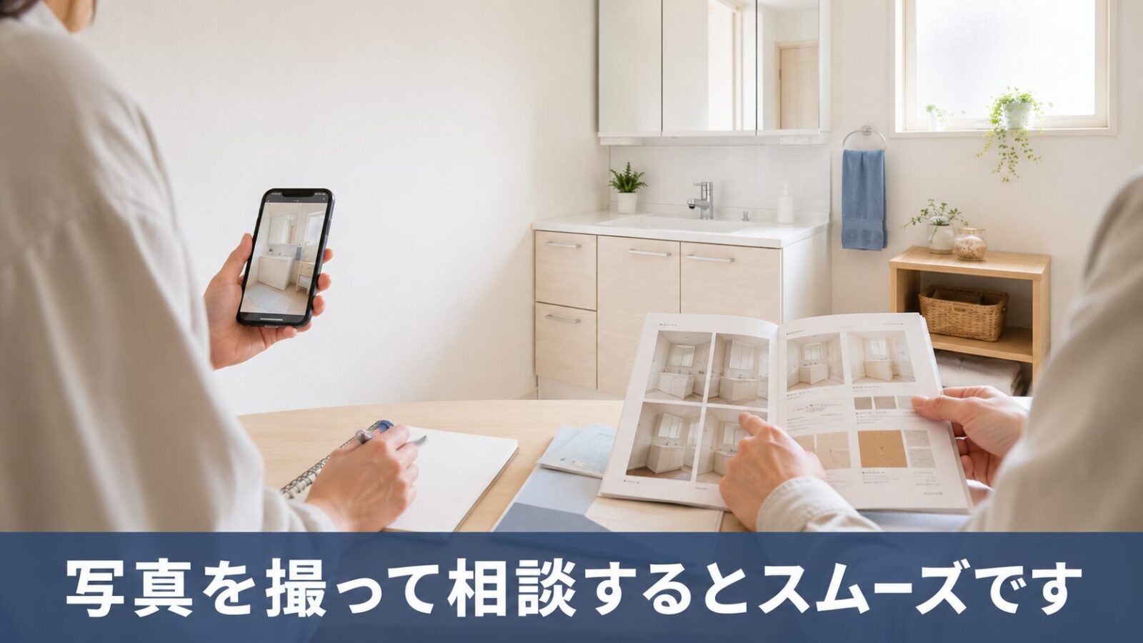 洗面台リフォーム相談のために写真を撮って共有するイメージ