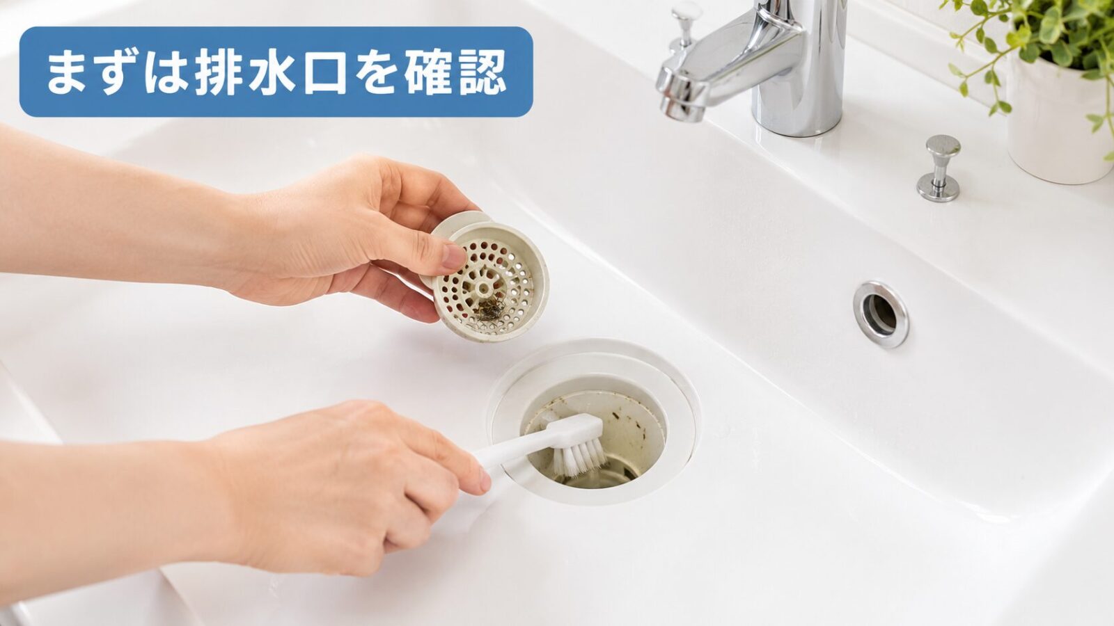 洗面台の排水口とヘアキャッチャーを確認している様子