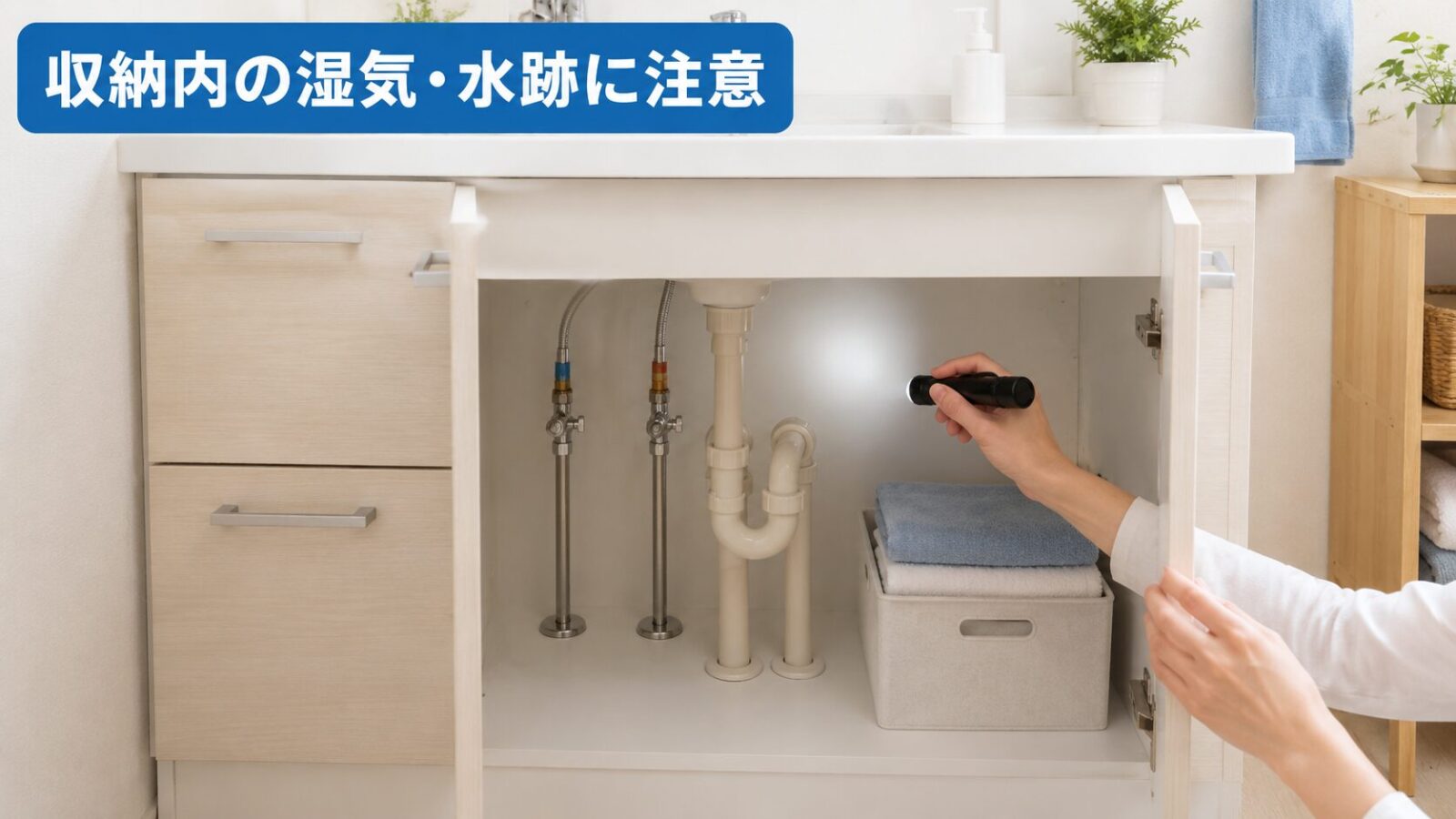 洗面台下の収納内と配管まわりを確認している様子