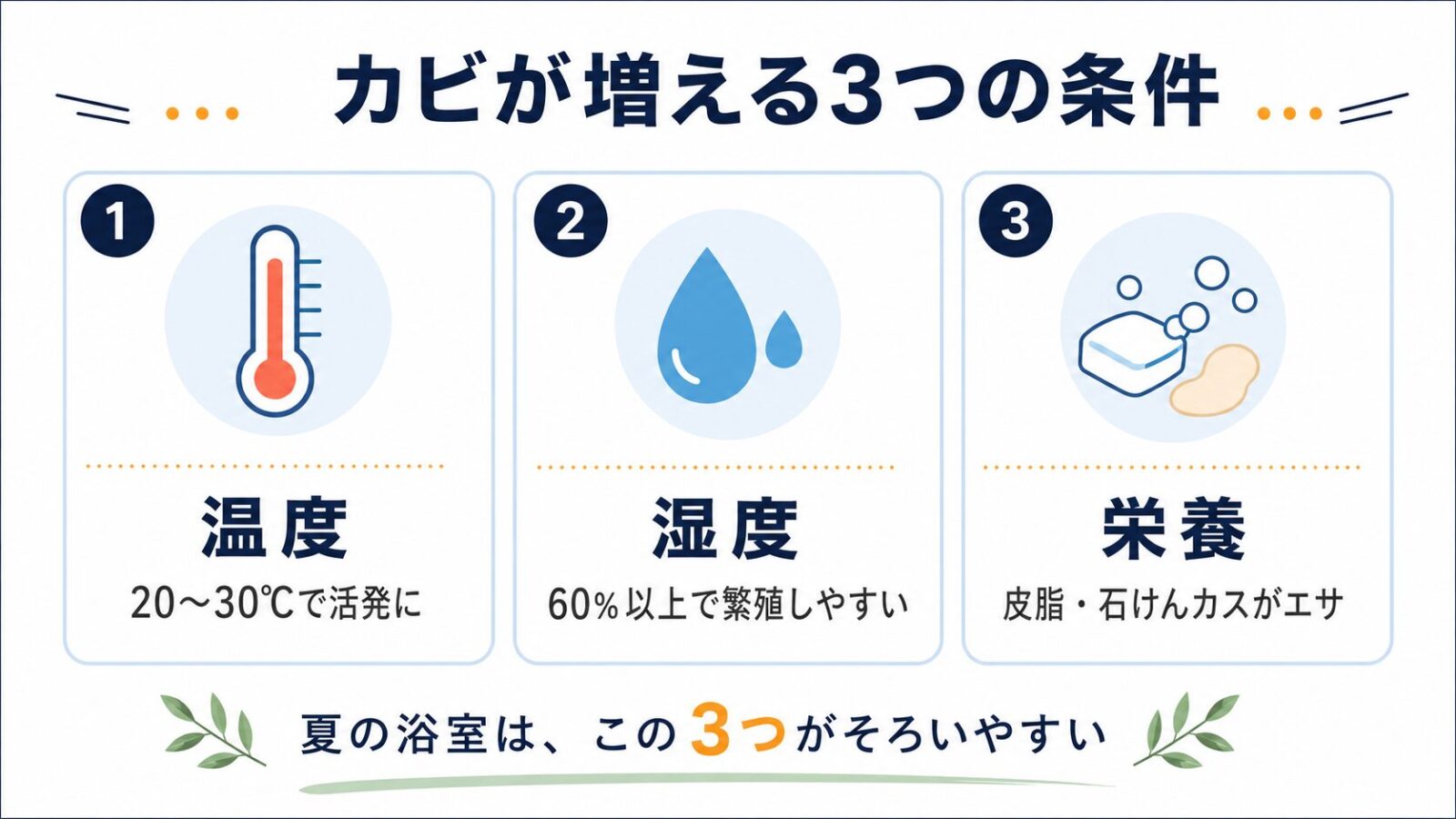 お風呂のカビが増える3つの条件(温度・湿度・栄養)