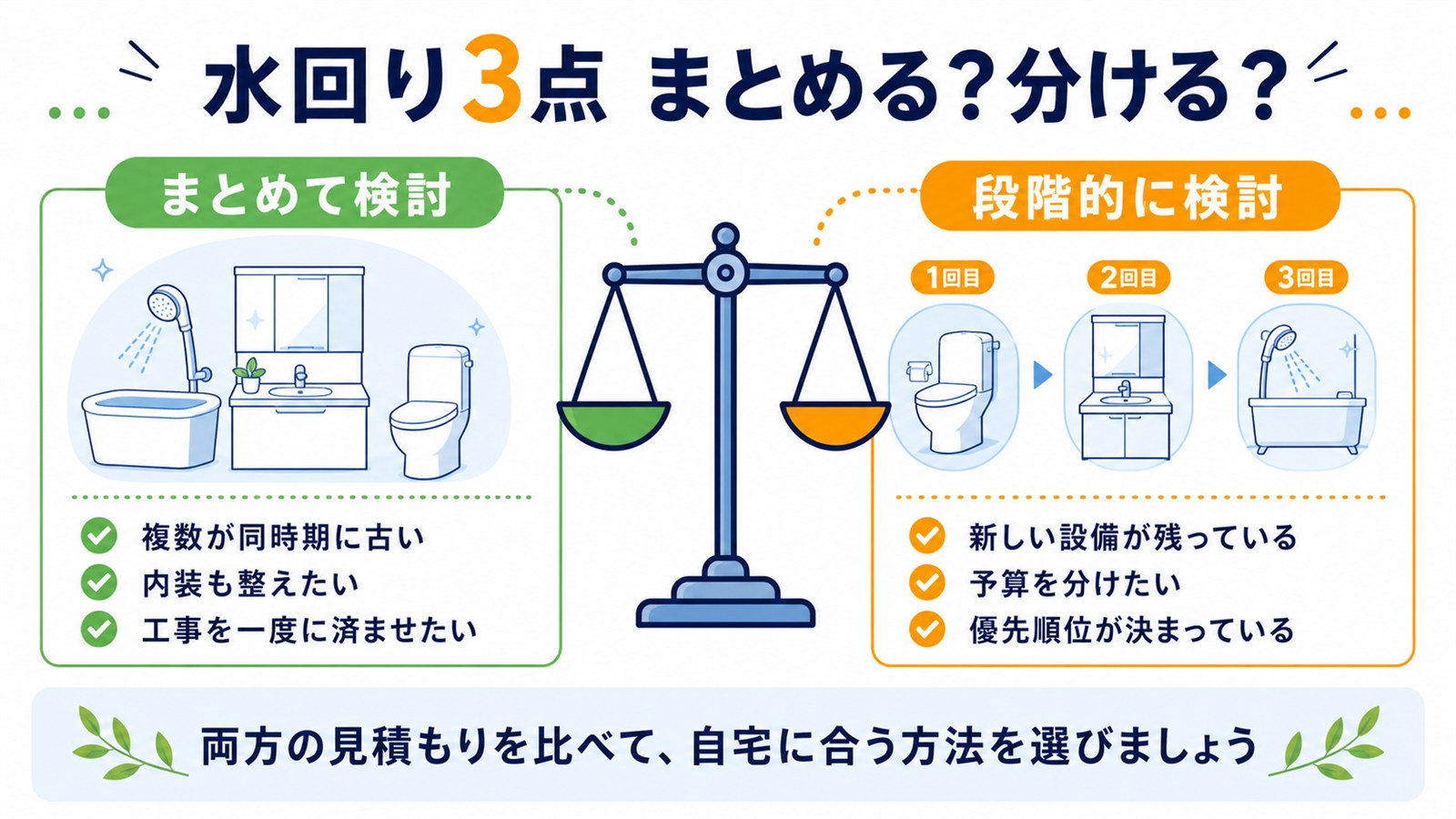 水回り3点をまとめる場合と段階的に工事する場合の比較図