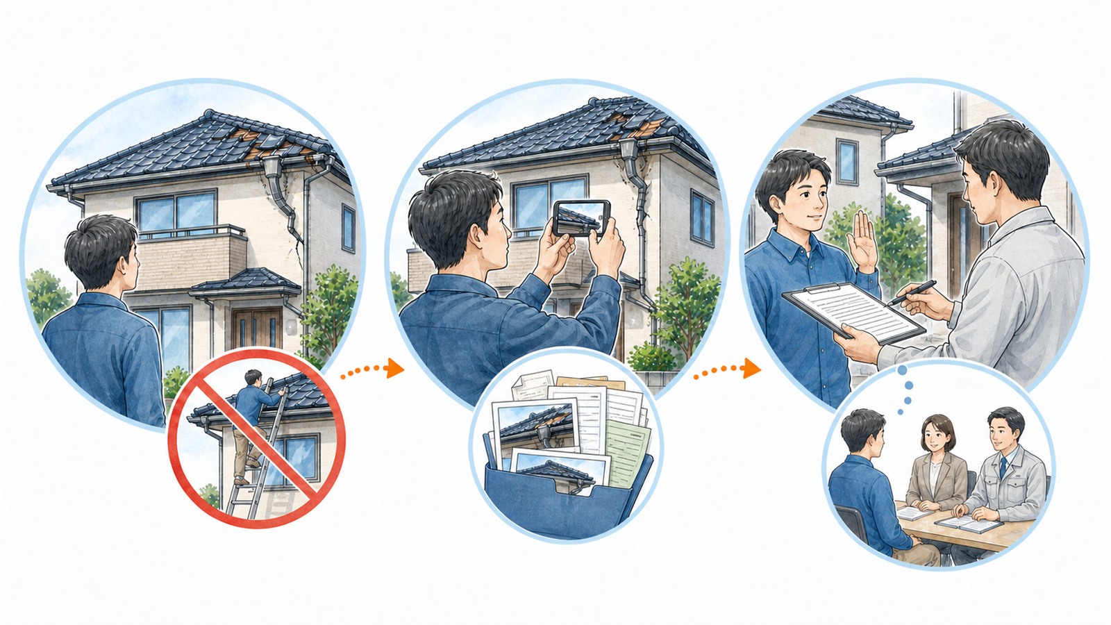 台風被害を見つけた際に、屋根に上らず安全に撮影し、その場で契約しない注意点を示すイラスト