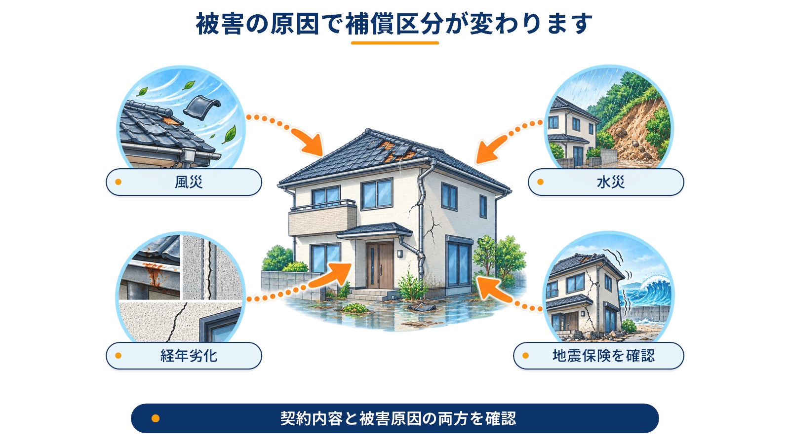 風災、水災、補償対象外または保険金が支払われない可能性がある例を3列で整理した図