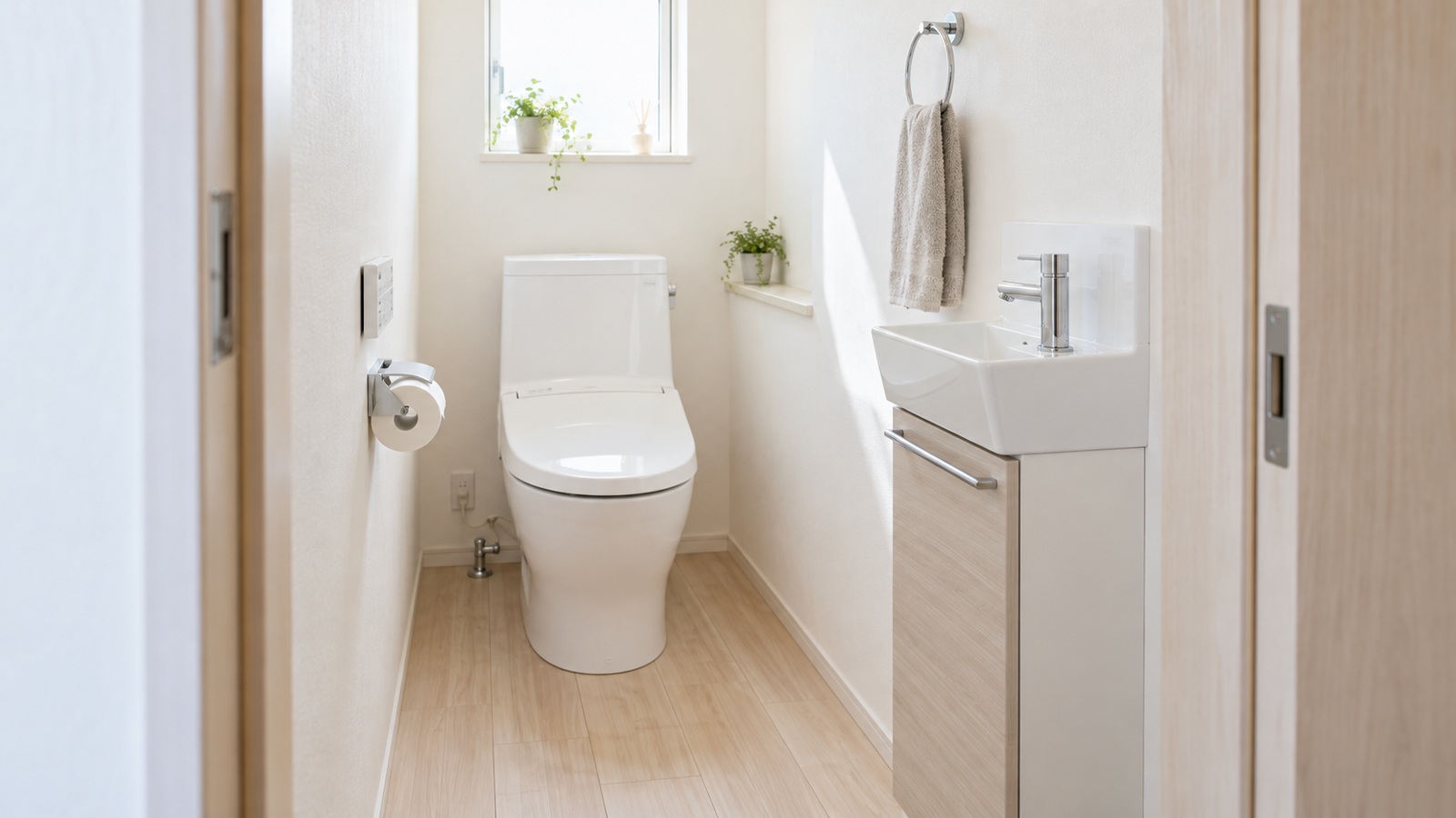 コンパクトな手洗器と便器を配置した住宅トイレのイメージ